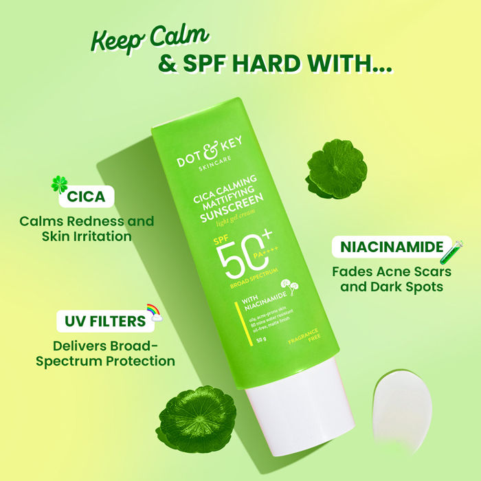 Dot & Key Cica Calming Mattifying Sunscreen Niacinamide SPF 50+ PA++++ For Oily Acne Prone & Sensitive Skin Light Gel Cream (50g)