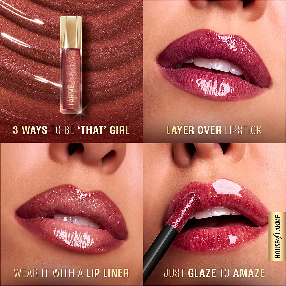 Lakme Glitterati Lip Glaze, High Shine Plumper Lip Gloss Oil with Collagen - Honey Haze (5ml)