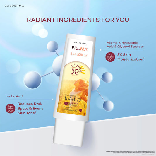 Biluma Sunscreen SPF50+, Reduces Dark Spot & Evens Skin Tone, Non Greasy, Non Sticky (50ml)