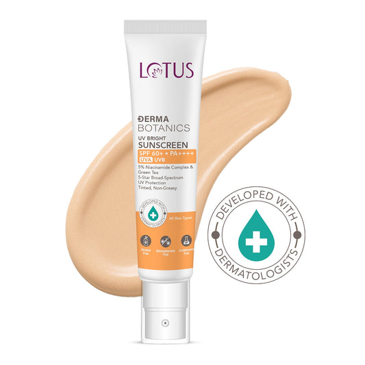Lotus DermaBotanics UV Bright Sunscreen SPF 60+ – 5% Niacinamide, Tinted, Non-Greasy & UV Protection (40g)