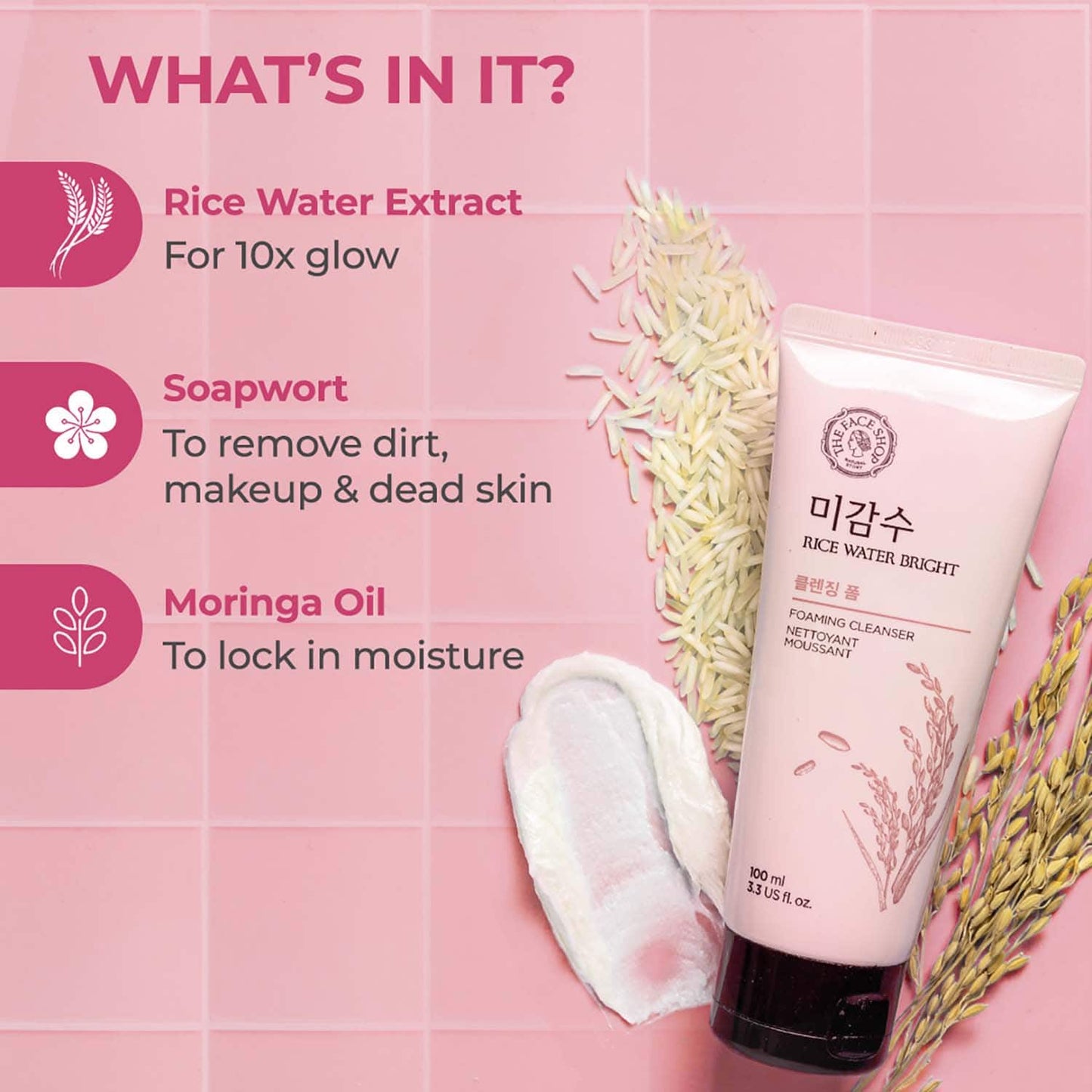 The Face Shop Rice Water Bright Foaming Cleanser - Best Korean Face Wash for Even Tone Skin (100ml)