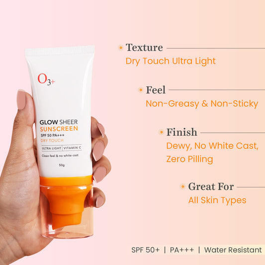 O3+ Glow Shield Sunscreen SPF 50 PA+++ – Brightening Glow, Lightweight & No White Cast (50g)