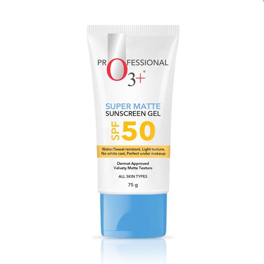 O3+ Super Matte Sunscreen Gel SPF 50 – Dermat Approved, Velvety Matte Finish & Oil Control (75g)