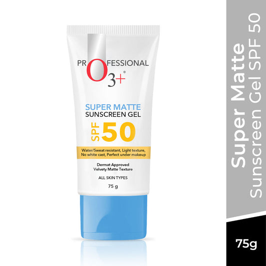 O3+ Super Matte Sunscreen Gel SPF 50 – Dermat Approved, Velvety Matte Finish & Oil Control (75g)