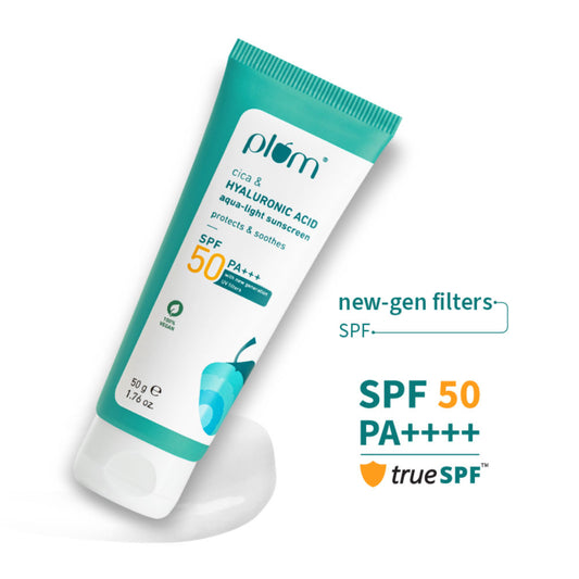 Plum Cica & Hyaluronic Aqua-Light SPF Sunscreen 50 PA+++, For Oily, Normal & DrySkin,SoothesSkin (50g)