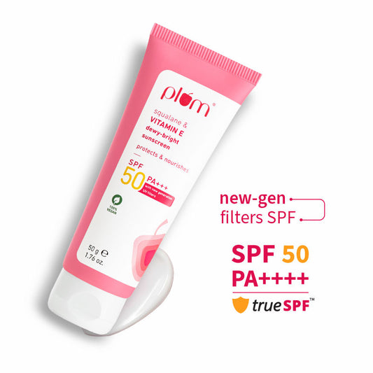 Plum Squalane & Vitamin E Dewy-Bright SPF 50 PA+++ Sunscreen For Normal To Dry Skin Type, New UV Filters (50 g)