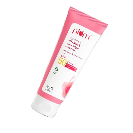 Plum Squalane & Vitamin E Dewy-Bright SPF 50 PA+++ Sunscreen For Normal To Dry Skin Type, New UV Filters (50 g)