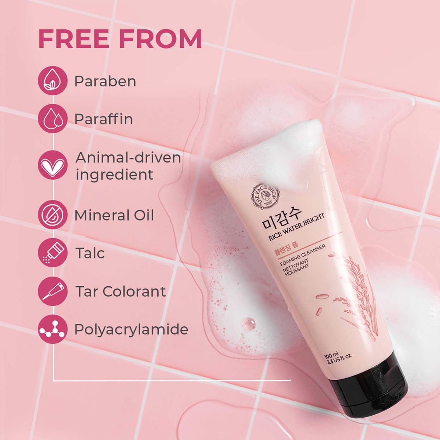 The Face Shop Rice Water Bright Foaming Cleanser - Best Korean Face Wash for Even Tone Skin (100ml)