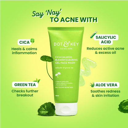 Dot & Key Cica Calming Blemish Clearing Face Wash – Gentle Cleanser for Acne-Prone Skin (100ml)