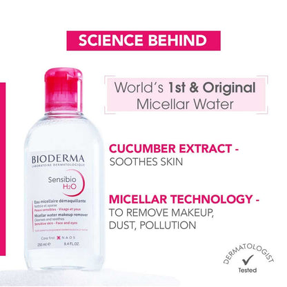 Bioderma Dermatological Micellar Water Sensibio H2O - Gently Removes Makeup Prevents Clogged Pores (250ml)