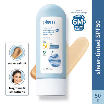 Plum Rice Water & 3% Niacinamide Sheer Tinted Sunscreen With SPF 50 PA++++, For Oily To Dry Skin (50g)