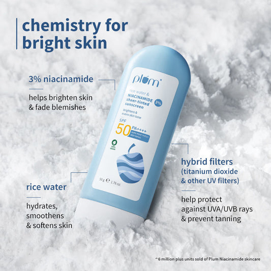 Plum Rice Water & 3% Niacinamide Sheer Tinted Sunscreen With SPF 50 PA++++, For Oily To Dry Skin (50g)