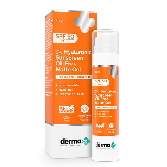 The derma co sunscreen oil-free matte gel with packaging on a white background